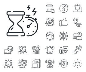 Poster - stopwatch time sign. place location, technology and smart speaker outline icons. hourglass timer lin