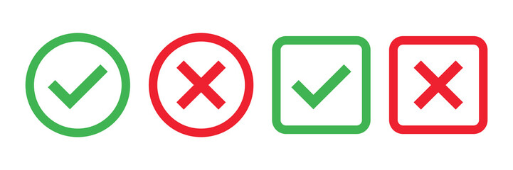 Checkmark x mark icon. Green checkmark and red x sign. Correct error vector symbol isolated on white background. Vote checkmark in circle and square box.