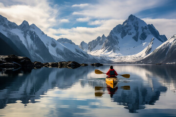 Wall Mural - A lone kayaker enjoys the mirrored reflection of snowy peaks in the undisturbed waters of a pristine mountain lake