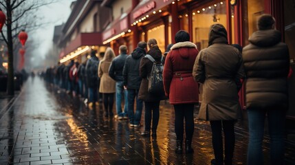 Wall Mural - People queue up waiting for stores to open for shopping. Sale and discounts, best deals