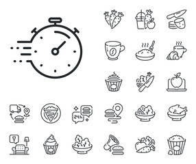 Poster - Time management sign. Crepe, sweet popcorn and salad outline icons. Timer line icon. Stopwatch symbol. Timer line sign. Pasta spaghetti, fresh juice icon. Supply chain. Vector