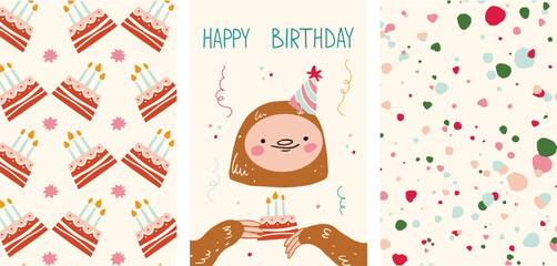 a set of Happy Birthday cards and two patterns with a Cute Sloth. Patterns with a Cake and with an Abstract multi- colored Crumb