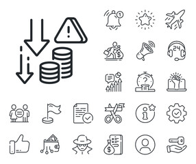 Sticker - Economic crisis sign. Salaryman, gender equality and alert bell outline icons. Deflation line icon. Income reduction symbol. Deflation line sign. Spy or profile placeholder icon. Vector