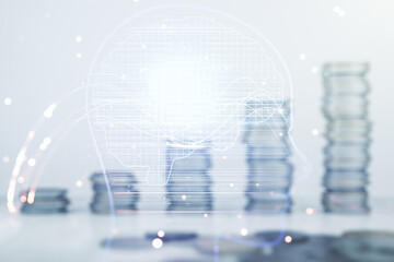 Poster - Double exposure of creative artificial Intelligence hologram on growing stacks of coins background. Neural networks and machine learning concept
