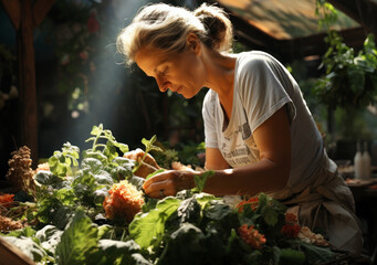 Wall Mural - old woman gardening