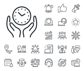 Poster - Clock sign. Place location, technology and smart speaker outline icons. Safe time line icon. Hold watch symbol. Safe time line sign. Influencer, brand ambassador icon. Support, online offer. Vector