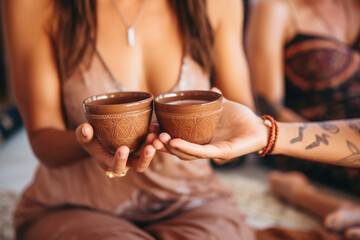 Cacao ceremony. Female hands holding a cup of pure  organic ceremonial cacao drink.