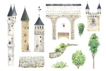 Set Of Different Castle Towers, Element Big Bridge, Tree And Plants. Watercolor Collection For Your Design, Fantasy Isolated Illustration  For Design Cover Books Or Wallpapers.