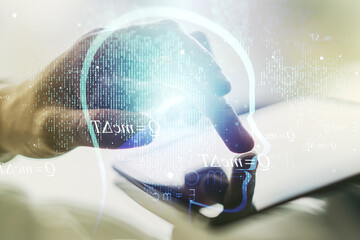 Poster - Creative artificial Intelligence concept with human head sketch and finger presses on a digital tablet on background. Double exposure