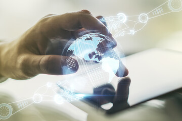 Aufkleber - Double exposure of robotics technology with world map hologram and finger clicks on a digital tablet on background. Research and development software concept