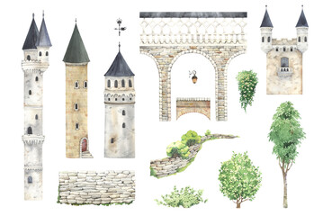 Set of different castle towers, element big bridge, tree and plants. Watercolor collection for your design, fantasy isolated illustration  for design cover books or wallpapers.