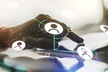 Poster - Social network media concept with finger presses on a digital tablet on background. Double exposure