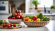vegetables in a wicker basket on the countertop in a modern kitchen , advertising banner