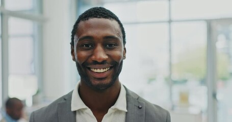 Aufkleber - Face, corporate and black man with a smile, confidence and career with employee, professional or insurance agent. Portrait, African person or consultant in a workplace, entrepreneur or business owner