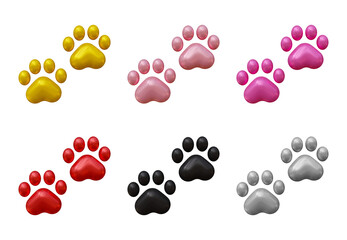 Poster - Set of dog or cat paw icons in 3d rendering isolated on transparent background for pet, animal concept.
