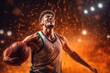 Euphoric young basketball player holding a ball on dynamic confetti background.