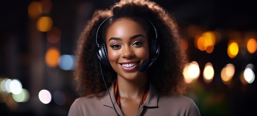 Friendly female african american customer support operator working with headset in office.