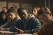© Bojan - Multi ethnic students having exam in the classroom. Students holding pens and writing notes in notebooks.