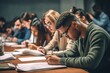 © Bojan - Multi ethnic students having exam in the classroom. Students holding pens and writing notes in notebooks.
