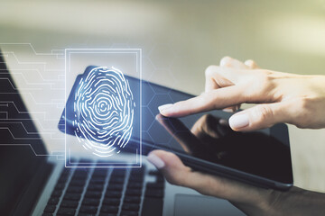 Aufkleber - Multi exposure of abstract graphic fingerprint sketch and hand working with a digital tablet on background, fingerprint scan data concept