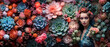 Panoramic banner background with Beautiful women and colorful succulents wallpaper