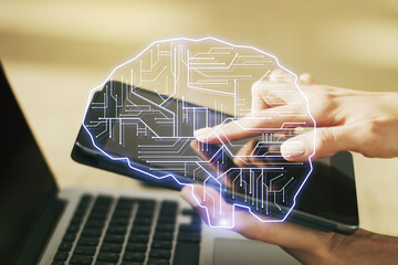 Fototapete - Double exposure of creative artificial Intelligence symbol with finger clicks on a digital tablet on background. Neural networks and machine learning concept