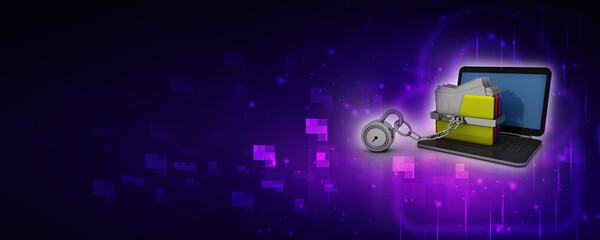 Poster - 3D rendering Yellow folder and lock ON laptop. Data security concept