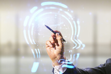 Aufkleber - Man hand with pen working with abstract virtual artificial Intelligence interface with human head hologram on blurred office background. Multiexposure