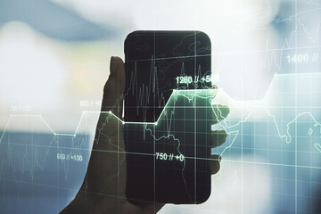 Aufkleber - Multi exposure of creative statistics data hologram and hand with cell phone on background, stats and analytics concept