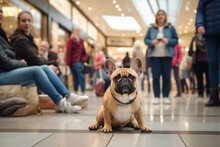 French Bulldog Dog Sitting In Shopping Mall With Many People In Blurry Background