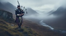 A Traditional Scottish Bagpiper, Playing Haunting Melodies On A Misty Hilltop, Surrounded By Clouds And Fog, Evoking A Sense Of History And Mystique. Generative AI