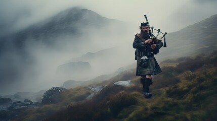 A traditional Scottish bagpiper, playing haunting melodies on a misty hilltop, surrounded by clouds and fog, evoking a sense of history and mystique. Generative AI