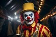 © Yuliia - Scary creepy smiling clown circus jester joker villain carnival murderer horror halloween adult man evil expression make-up bizarre dark actor spooky monster face sinister dressed staring frightening