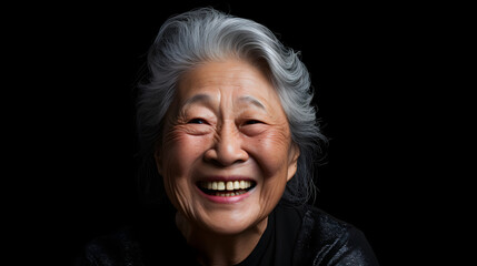 a professional portrait studio photo of a cute old asian senior woman model with perfect clean teeth laughing and smiling. isolated on black background. for ads and web design.