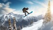 An action-packed shot of a snowboarder racing down a snowy mountain at high speed, showcasing agility, skill, and the thrill of winter sports. Generative AI