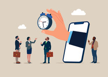 24-7 Support Service,  Working Hours. Business People Standing With Clock. Modern Vector Illustration In Flat Style
