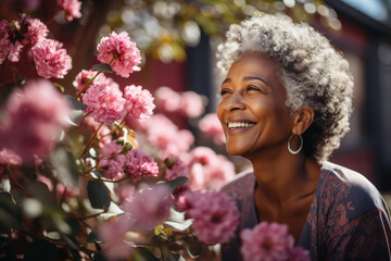 Old women are gardening in the backyard