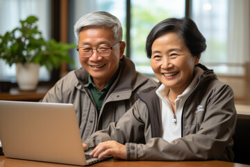 Canvas Print - asian senior couple using device