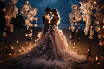 wedding celebration in the boho style at the beach: a same sex marriage, two female brides in white wedding dress showing affection, evening lights