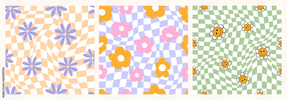 Vektor 1970 Daisy Flowers, Trippy Grid, Wavy Swirl Seamless Pattern Set ...