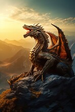 Vertical Image Of An Angry Medieval Gray Dragon On Mountain Rocks Against The Backdrop Of Sunrise.