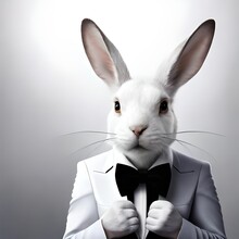 Easter, White Rabbit Laying Easter Eggs. Neutral Background. AI Generated.