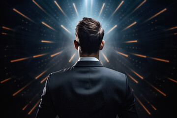 Elevating success. Confident businessman in a suit stands before a radiant light beam, symbolizing leadership, innovation, and future opportunities in modern business world.