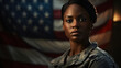 Patriot Day. Afro american woman soldier in military uniform on background of usa flag looking at camera, copy space