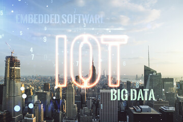 Poster - Abstract virtual IOT hologram on New York city skyline background. Multiexposure