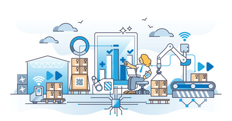 Wall Mural - Inventory control and automated warehouse product management outline concept. Smart and effective robot usage for stock cargo movement, import and monitoring vector illustration. Packaging process.