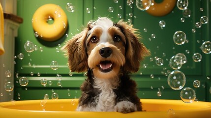 wet dog sitting in bathtub with soap bubbles flying around her, clear pet happy pet. modern minimali