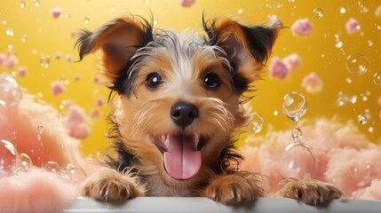 Wall Mural - wet dog sitting in bathtub with soap bubbles flying around her, clear pet happy pet. modern minimalist bathroom interior vibrant colors