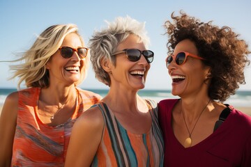 Wall Mural - a photo of three diverse middle-aged mature women in modern stylish clothes smiling, on a vacation at the seaside or beach, mature friendship representation.