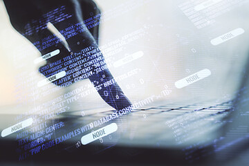Poster - Multi exposure of abstract graphic coding sketch with world map and hands typing on computer keyboard on background, big data and networking concept
